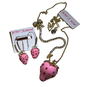 Betsey Johnson Strawberry 🍓 necklace and earrings set Size adorable long chain